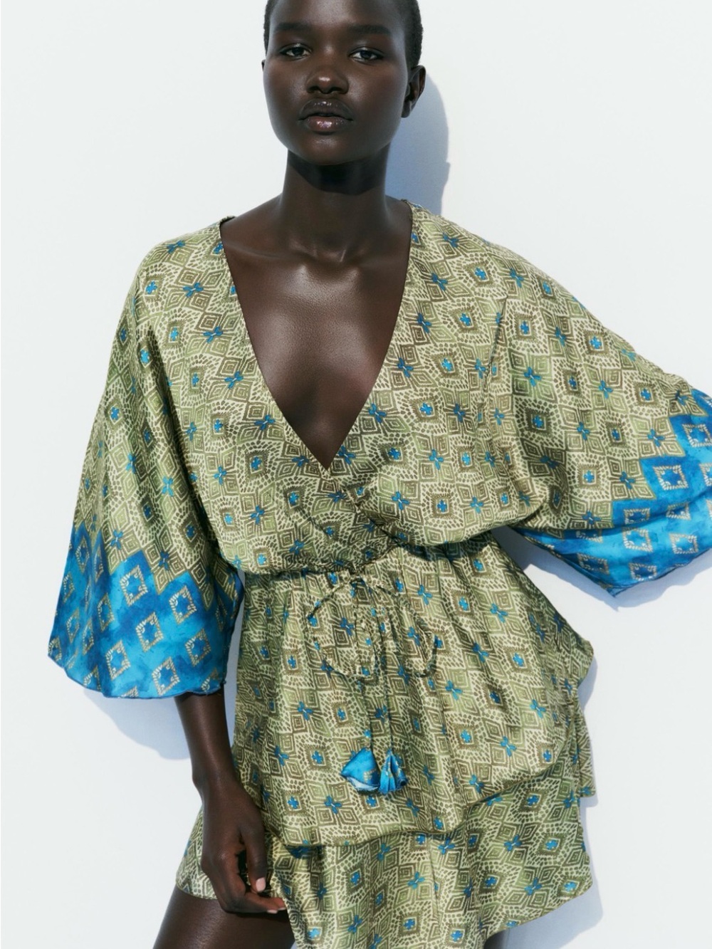 Zara Green & Blue Printed Dress/ V-Neck Swim Cover-Up